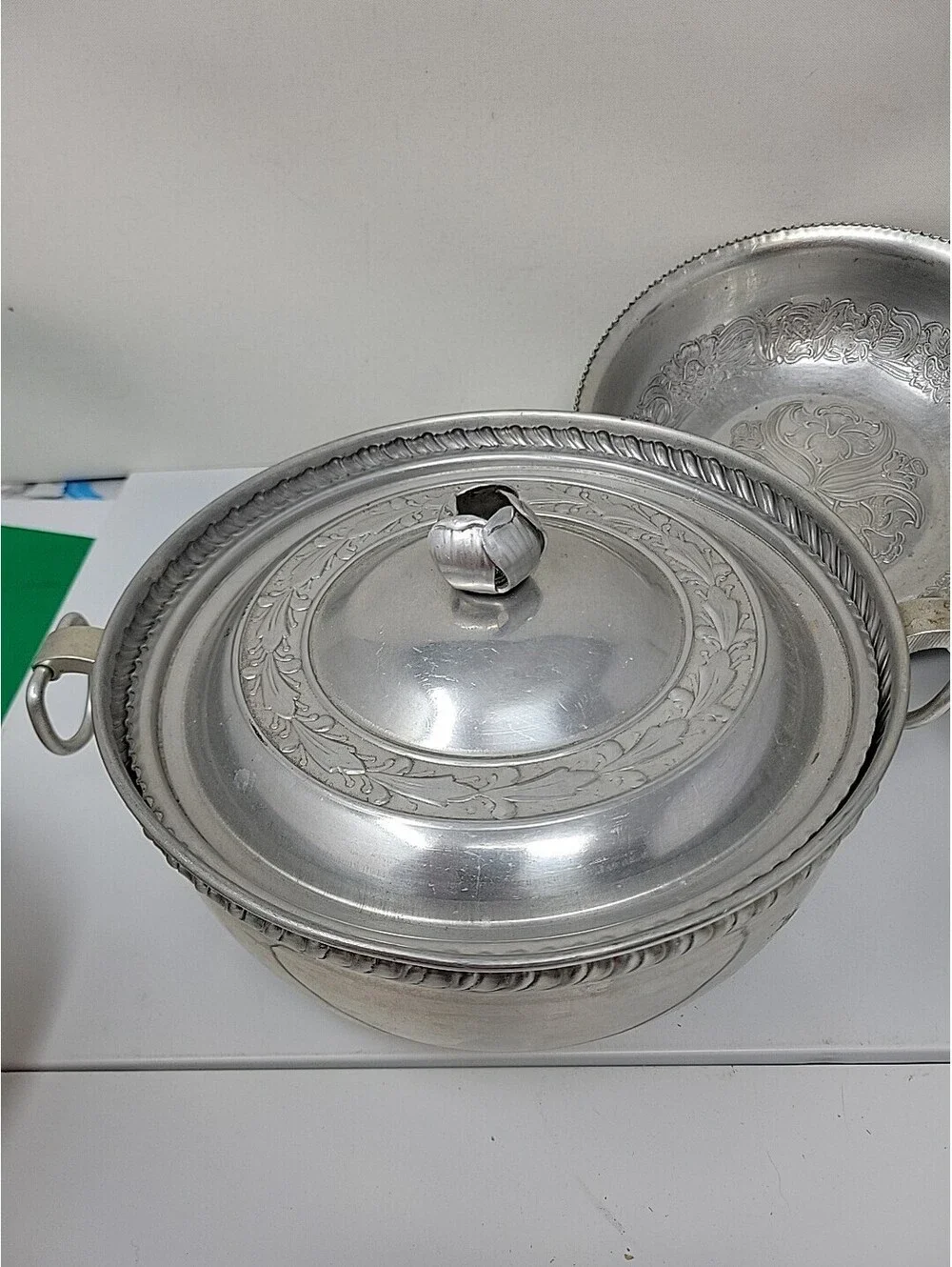 Vintage Aluminum Cookware Lot, Embossed Serving Bowl, Lidded Pot & Angel Food